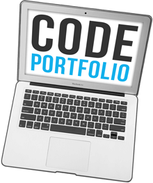 a picture of a laptop with words code portfolio on the screen