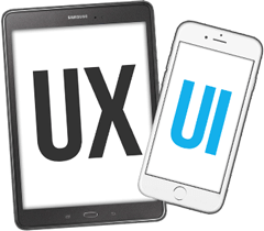a picture of a tablet and an iphone with words UX and UI on the screens